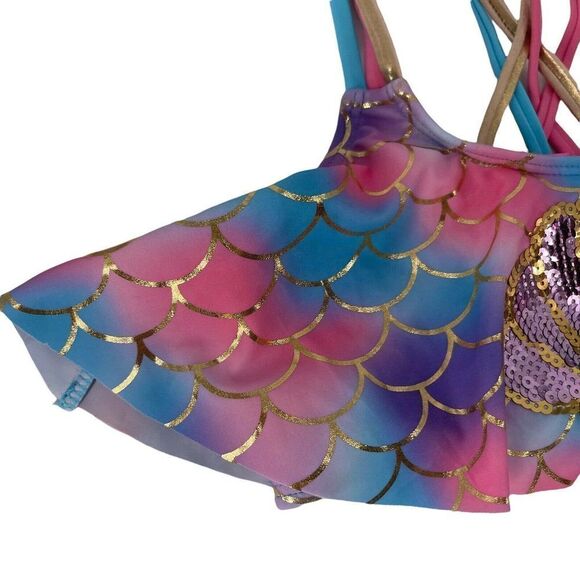 Betsey Johnson Bikini Top Mermaid Girls Size Small 7/8 Sequin Shell Ruffle Swim - Picture 4 of 7